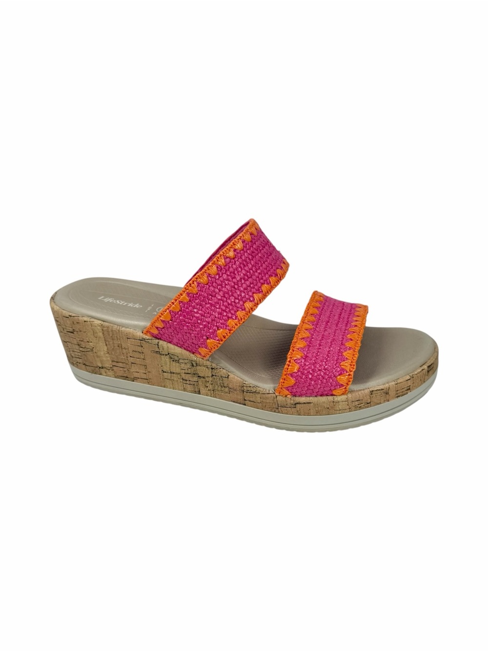 LifeStride Resort Slide Wedge Sandals Pink Orange Stretch Gore Fabric Size 10M
